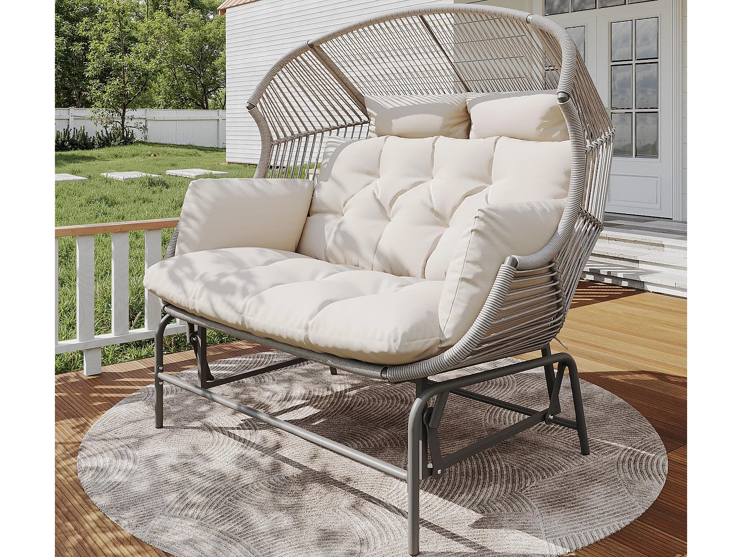 Podwójny fotel bujany ogrodowy 145x85x143cm - Fotel bujany - Rattan PE + żelazo + wodoodporna tkanina - szary