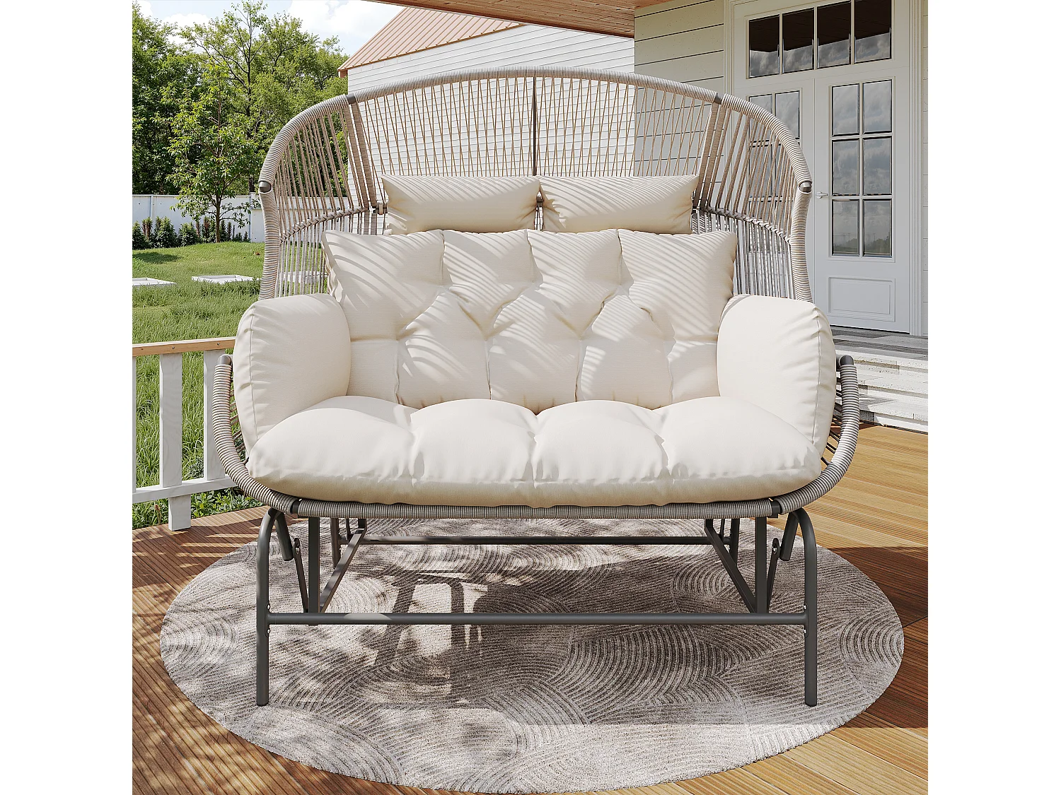 Podwójny fotel bujany ogrodowy 145x85x143cm - Fotel bujany - Rattan PE + żelazo + wodoodporna tkanina - szary