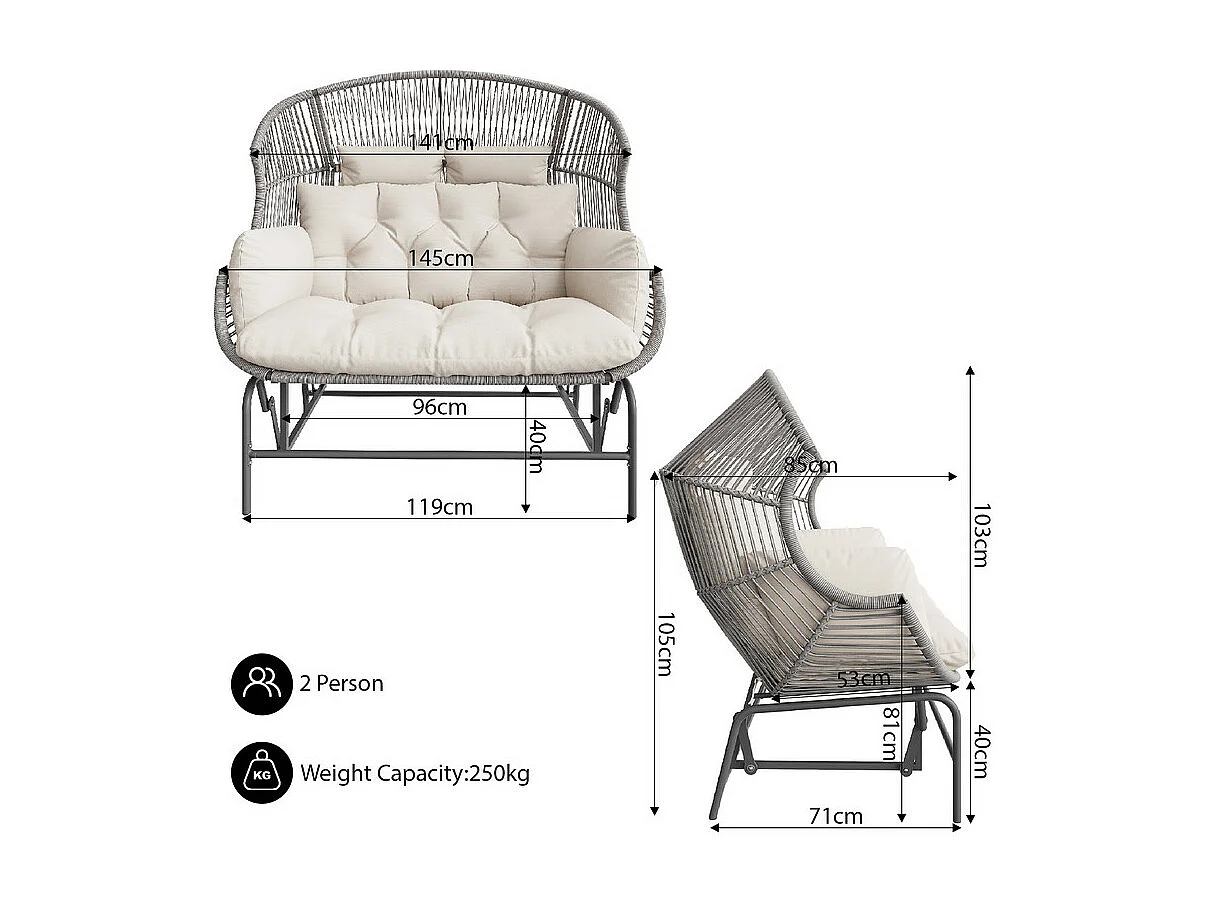 Podwójny fotel bujany ogrodowy 145x85x143cm - Fotel bujany - Rattan PE + żelazo + wodoodporna tkanina - szary