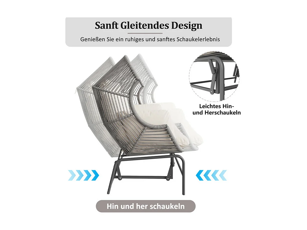 Podwójny fotel bujany ogrodowy 145x85x143cm - Fotel bujany - Rattan PE + żelazo + wodoodporna tkanina - szary