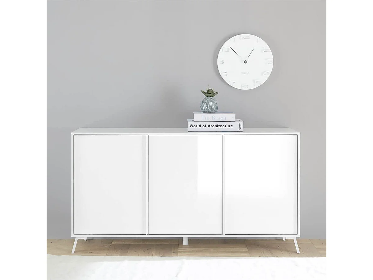 KANSAS WHITE - Buffet 3 portes laqué blanc pieds métal
