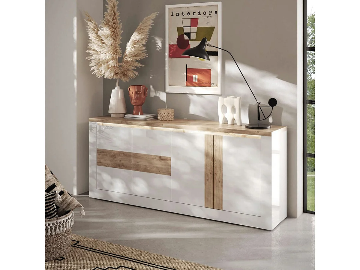 ISALIA - Buffet 4 portes blanc et aspect chêne finition Cadiz avec LED