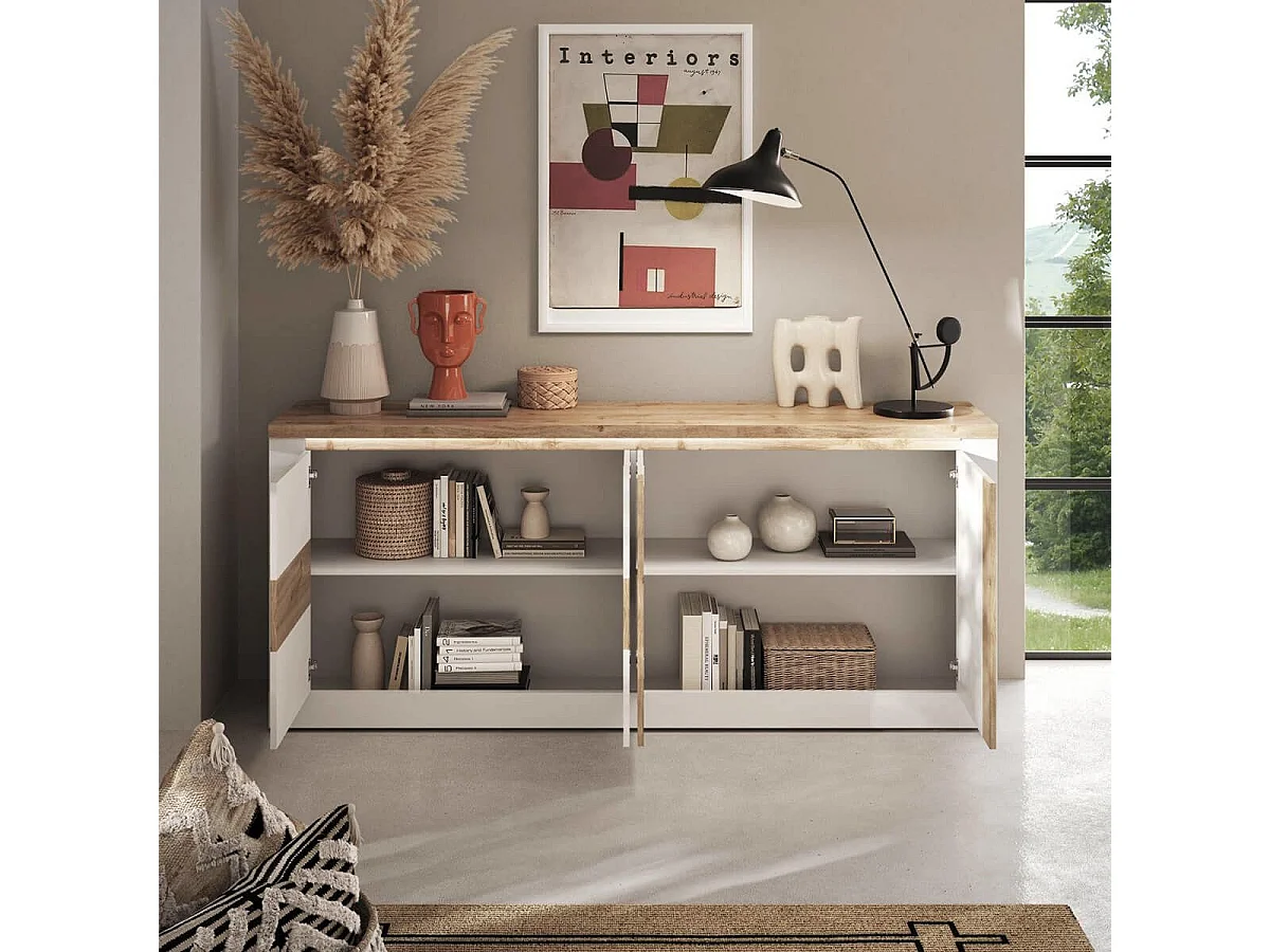 ISALIA - Buffet 4 portes blanc et aspect chêne finition Cadiz avec LED