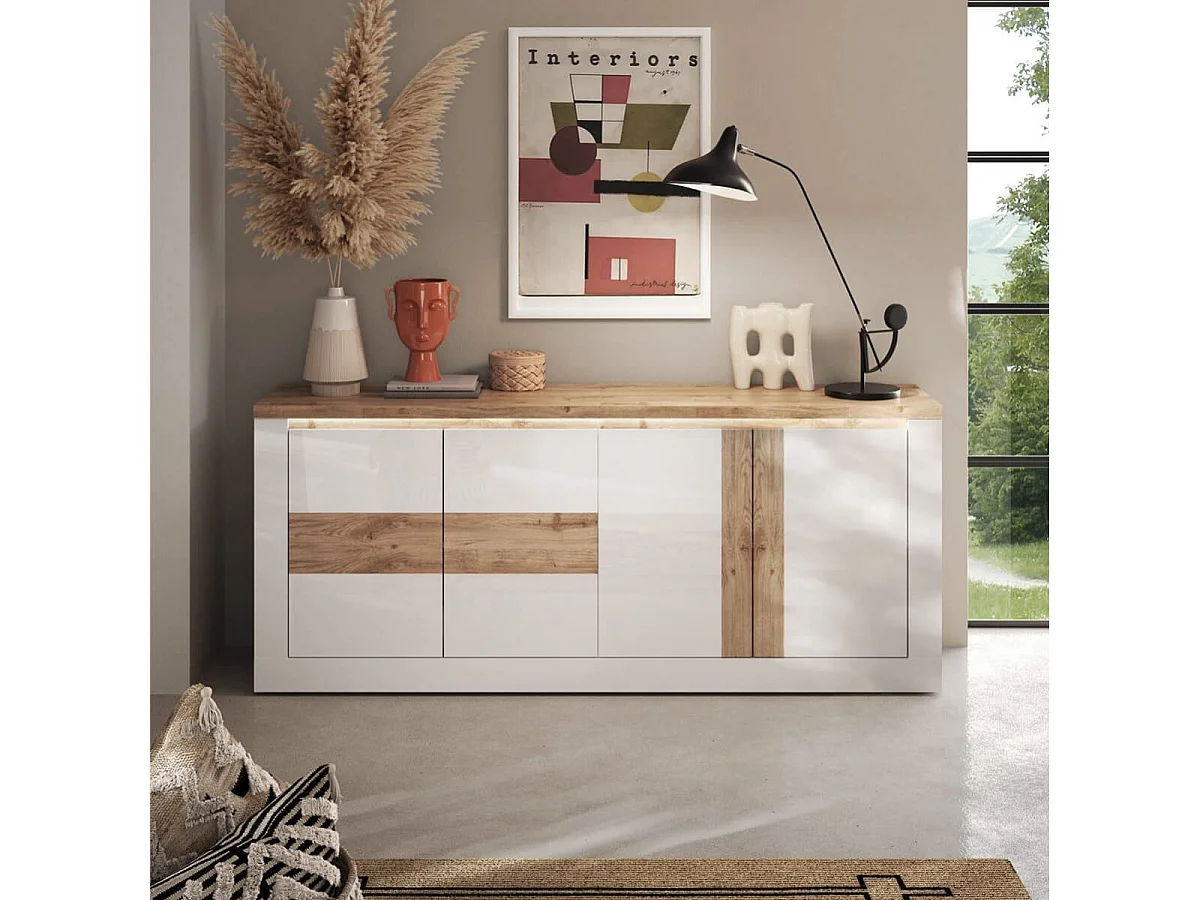 ISALIA - Buffet 4 portes blanc et aspect chêne finition Cadiz avec LED