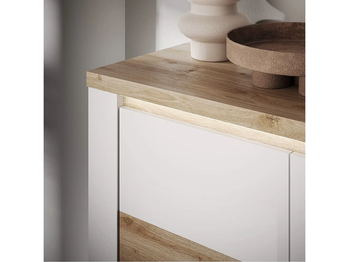 ISALIA - Buffet 4 portes blanc et aspect chêne finition Cadiz avec LED