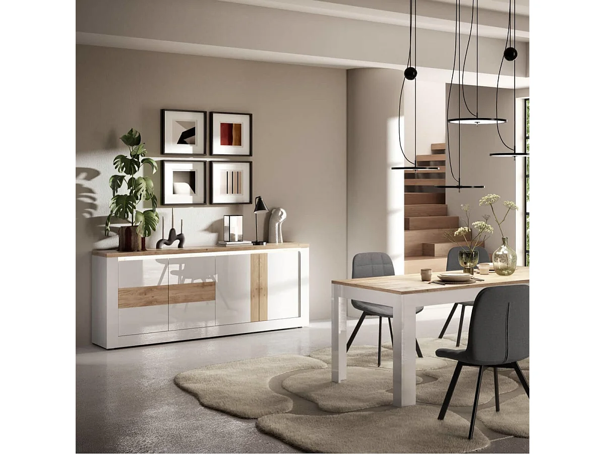 ISALIA - Buffet 4 portes blanc et aspect chêne finition Cadiz avec LED