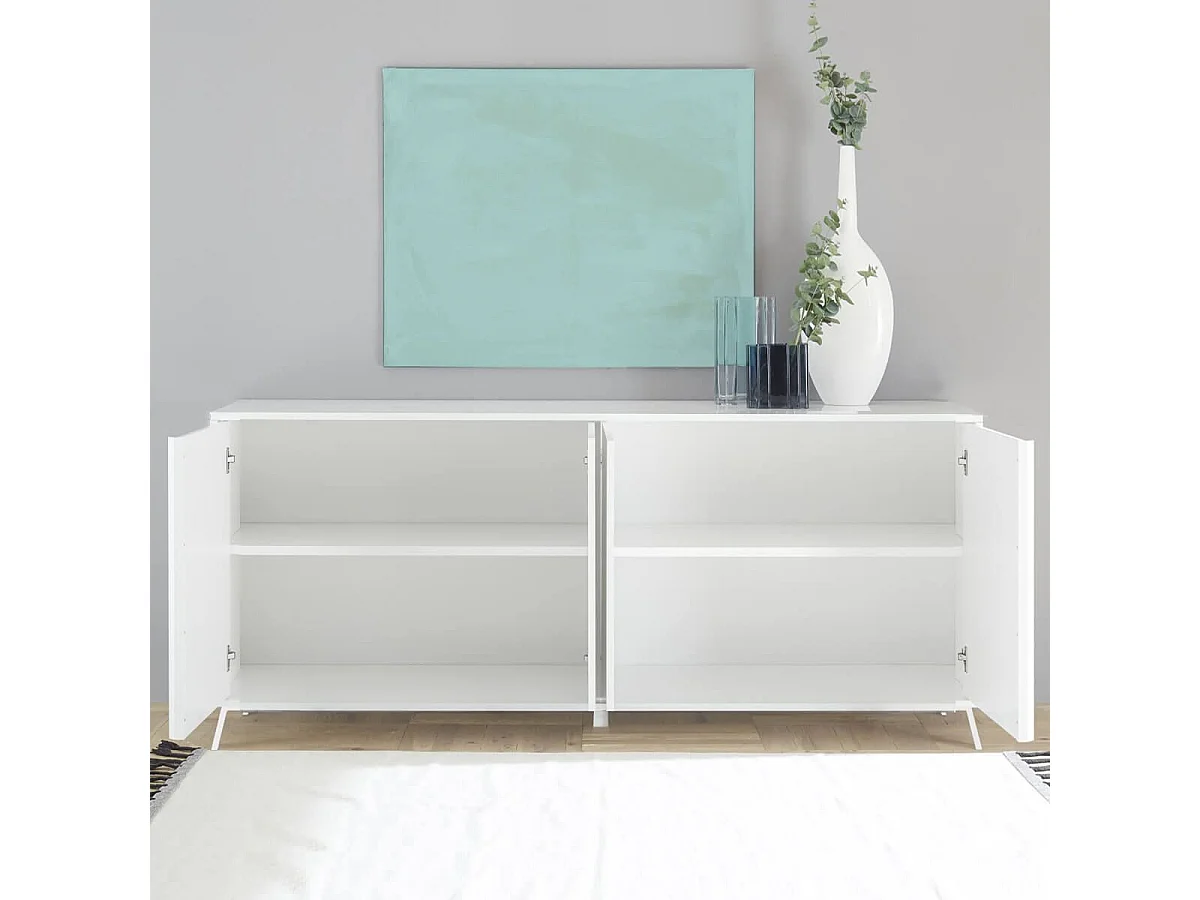 KANSAS WHITE - Buffet 4 portes laqué blanc pieds métal