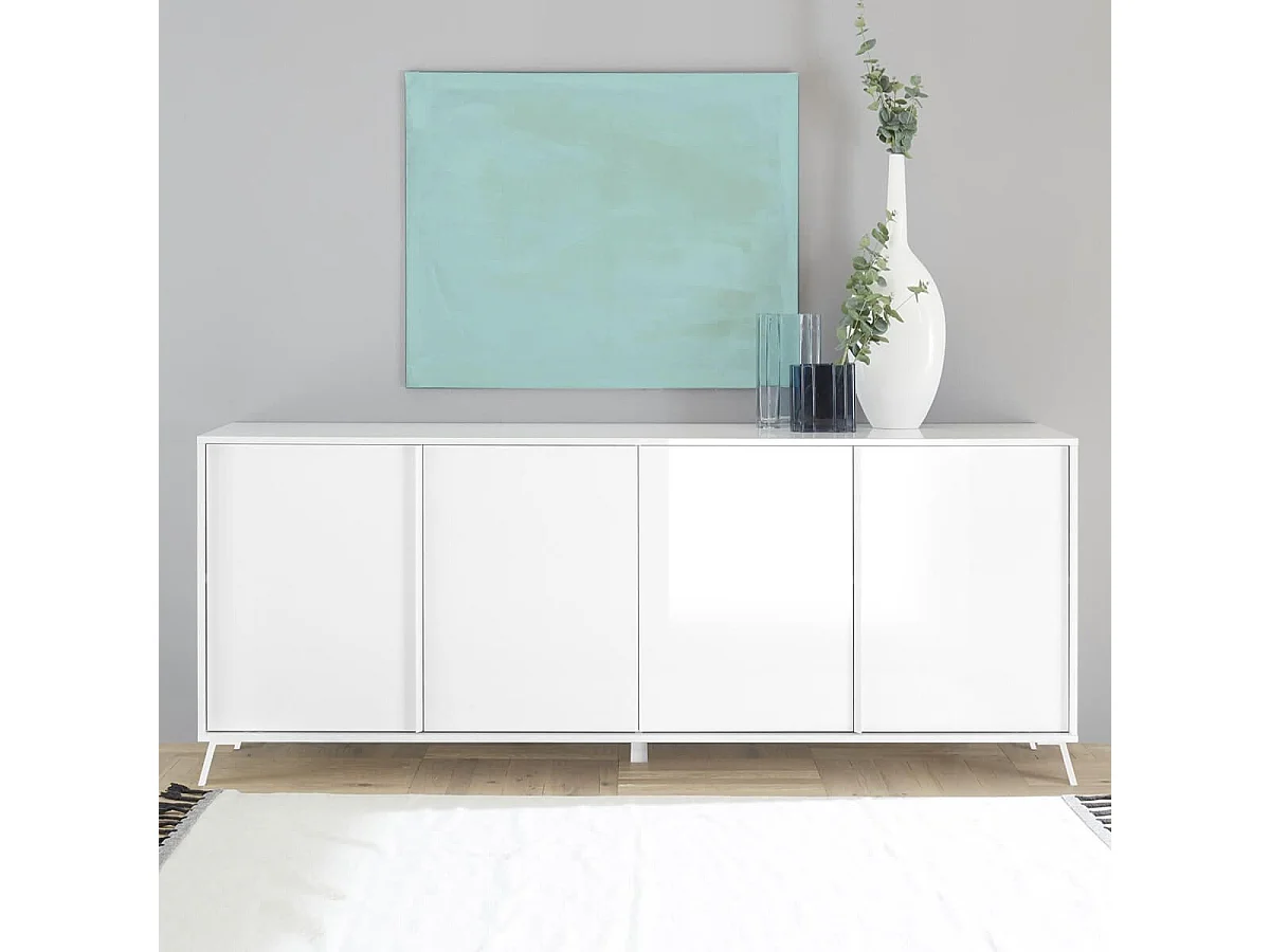 KANSAS WHITE - Buffet 4 portes laqué blanc pieds métal