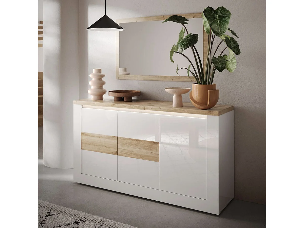 ISALIA - Buffet 3 portes blanc et aspect chêne finition Cadiz avec LED