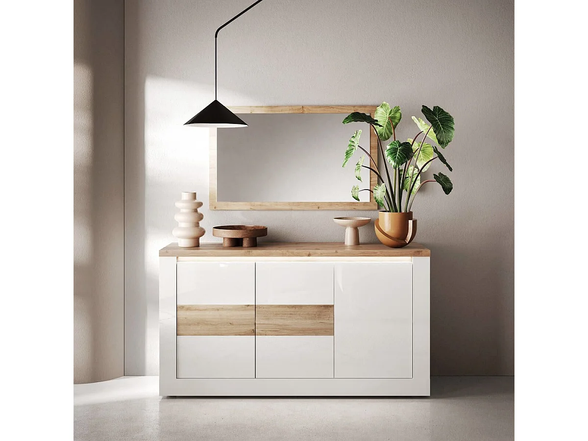 ISALIA - Buffet 3 portes blanc et aspect chêne finition Cadiz avec LED