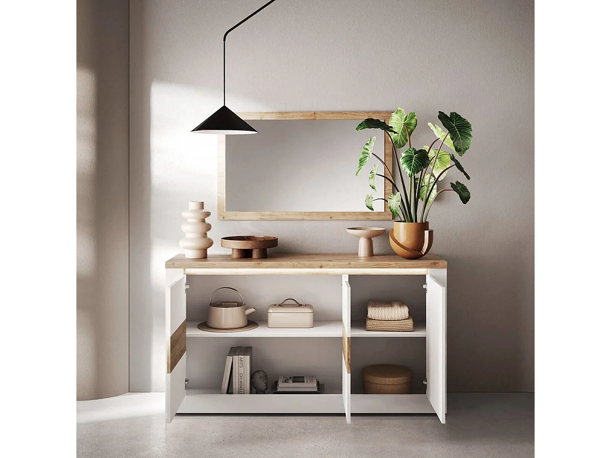 ISALIA - Buffet 3 portes blanc et aspect chêne finition Cadiz avec LED