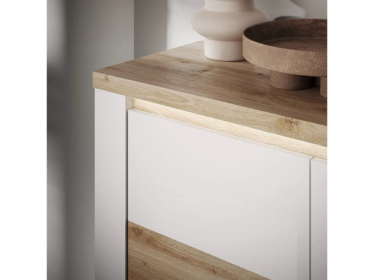 ISALIA - Buffet 3 portes blanc et aspect chêne finition Cadiz avec LED