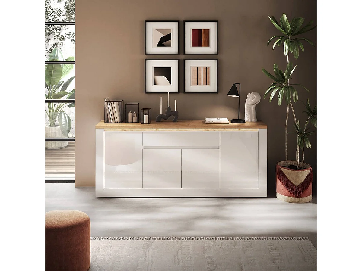 ISALIA - Buffet 4 portes 1 Tiroir blanc et plateau aspect chêne finition Cadiz avec LED
