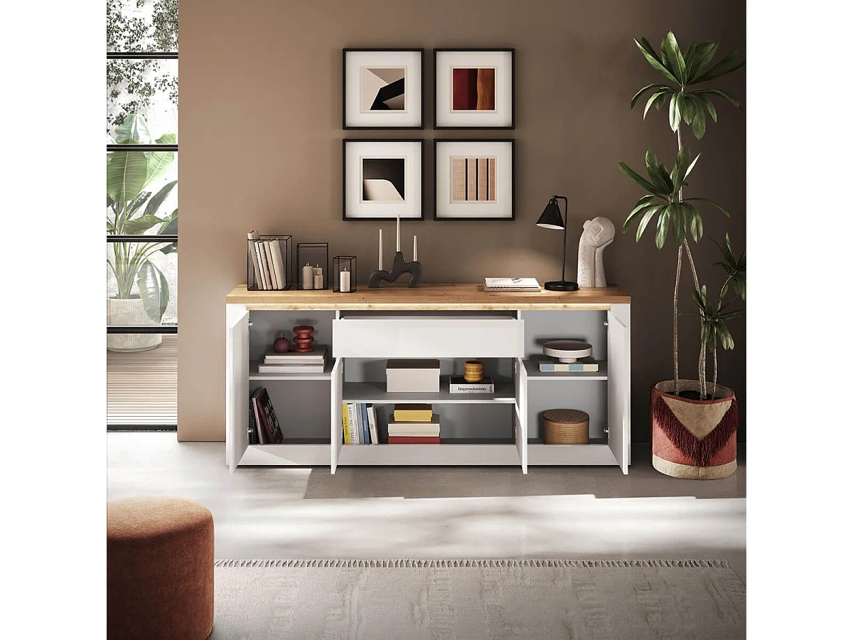 ISALIA - Buffet 4 portes 1 Tiroir blanc et plateau aspect chêne finition Cadiz avec LED