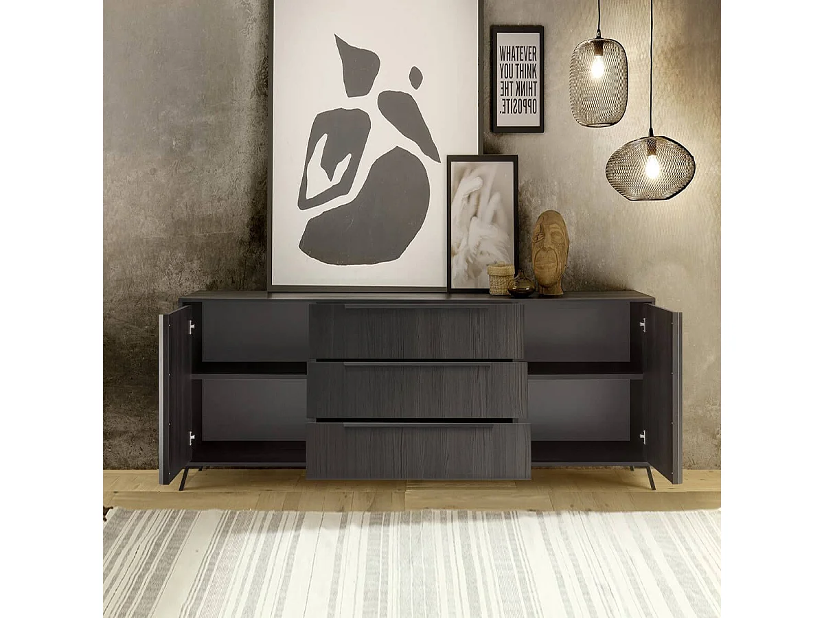 KANSAS BLACK - Buffet 2 portes 3 tiroirs aspect chêne noir pieds métal noir