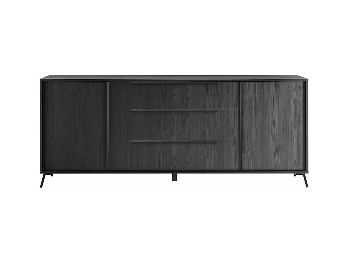 KANSAS BLACK - Buffet 2 portes 3 tiroirs aspect chêne noir pieds métal noir