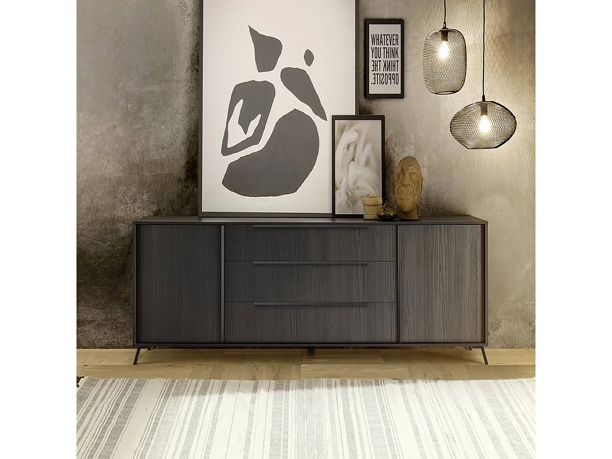 KANSAS BLACK - Buffet 2 portes 3 tiroirs aspect chêne noir pieds métal noir