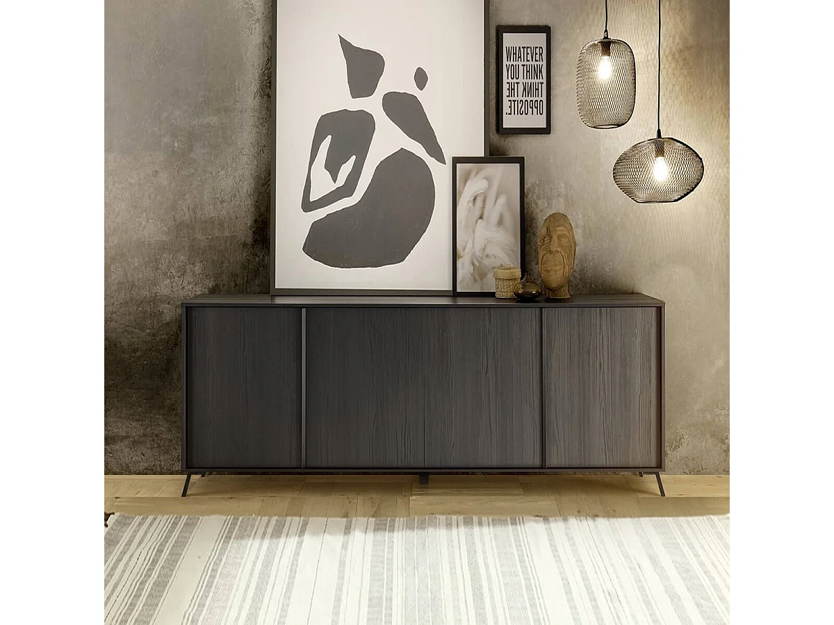 KANSAS BLACK - Buffet 4 portes aspect chêne noir pieds métal noir