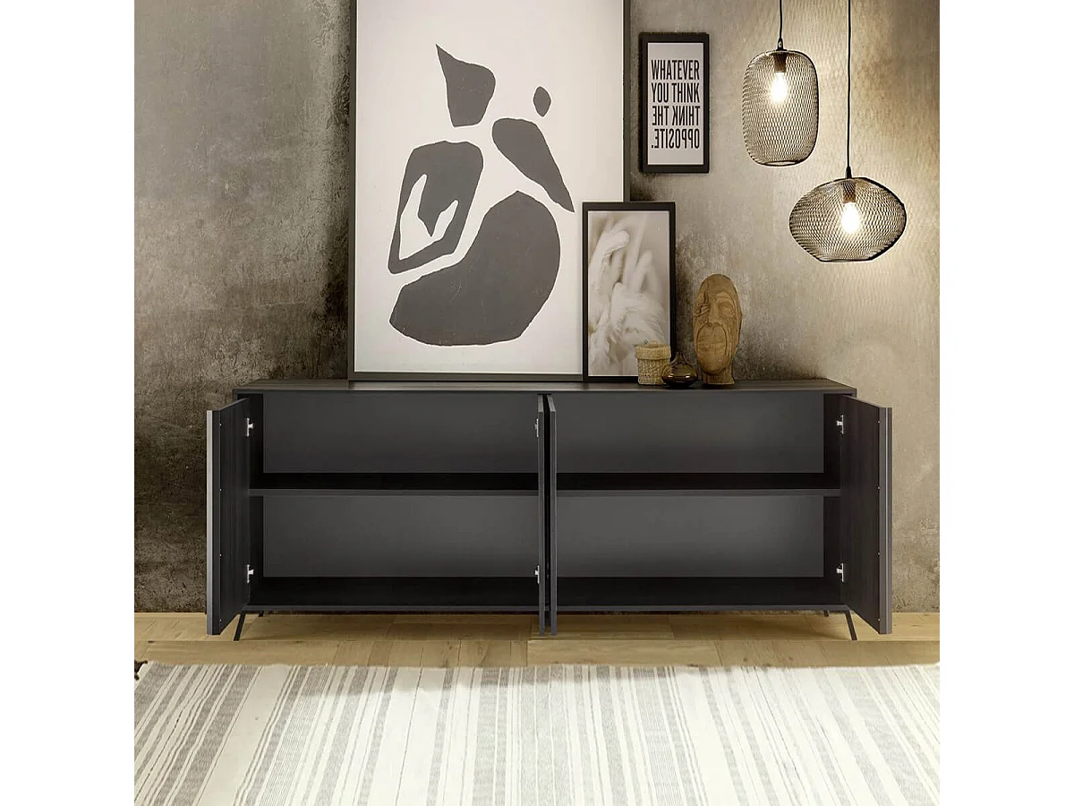 KANSAS BLACK - Buffet 4 portes aspect chêne noir pieds métal noir