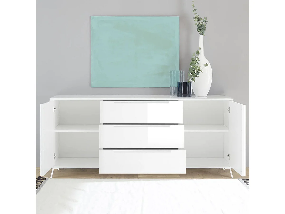 KANSAS WHITE - buffet 2 portes 3 tiroirs laqué blanc pieds métal