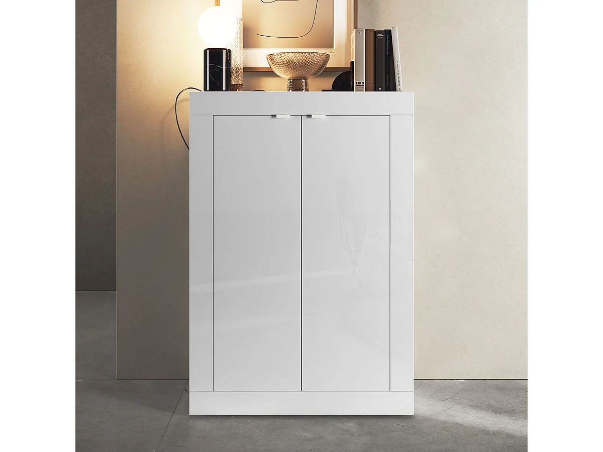 OTELLO - Meuble d'entrée 2 portes 4 étagères Blanc Laqué Weiss