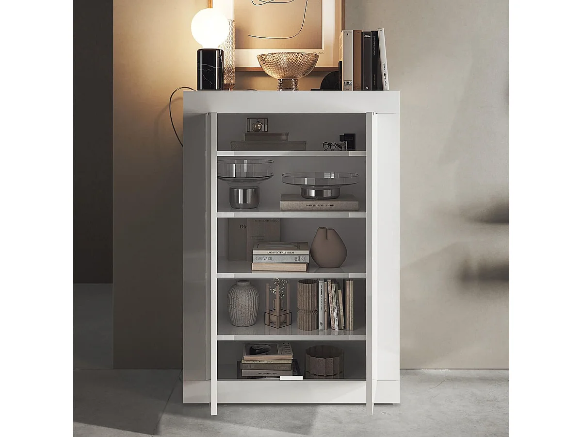 OTELLO - Meuble d'entrée 2 portes 4 étagères Blanc Laqué Weiss