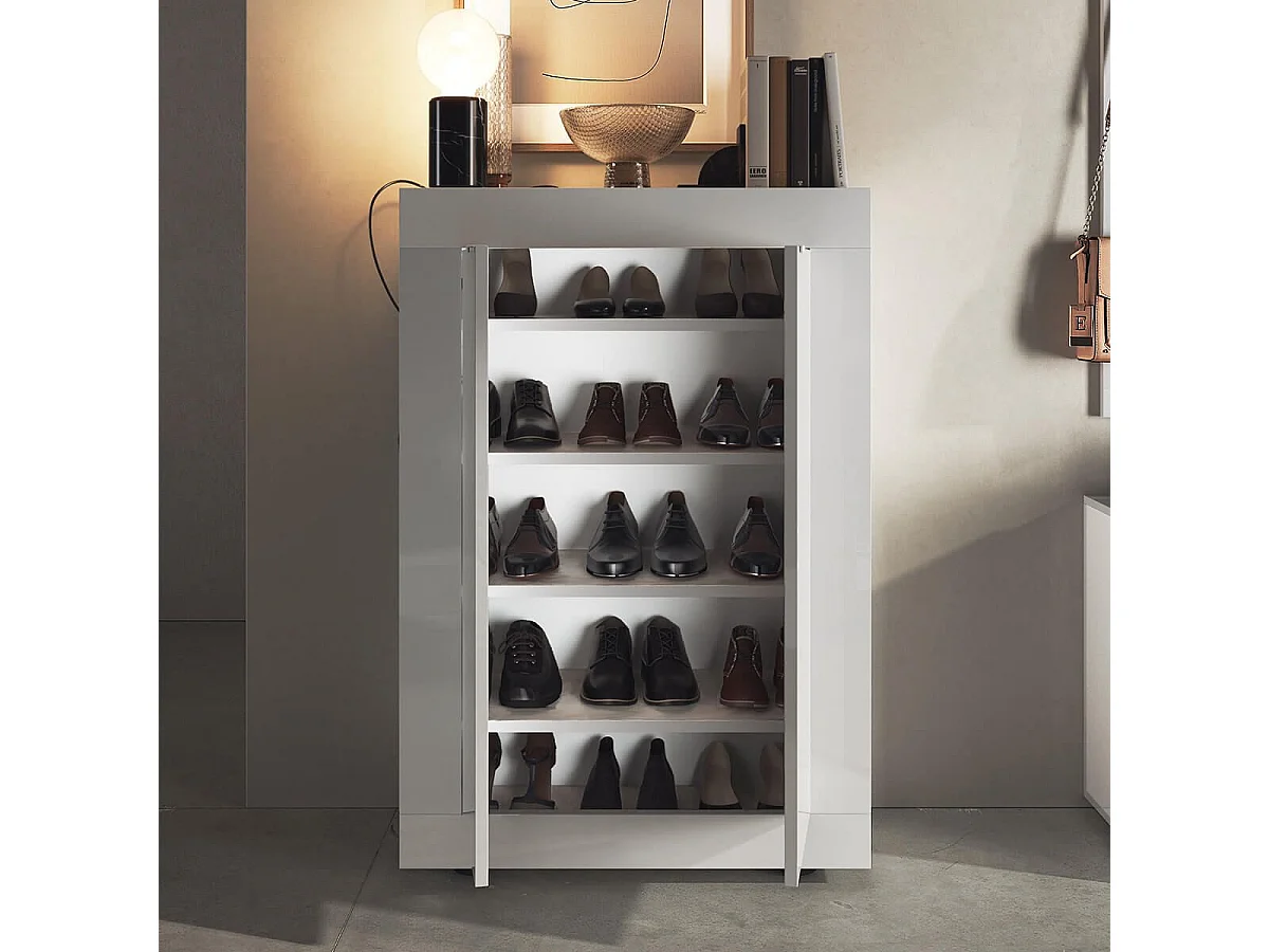 OTELLO - Meuble d'entrée 2 portes 4 étagères Blanc Laqué Weiss