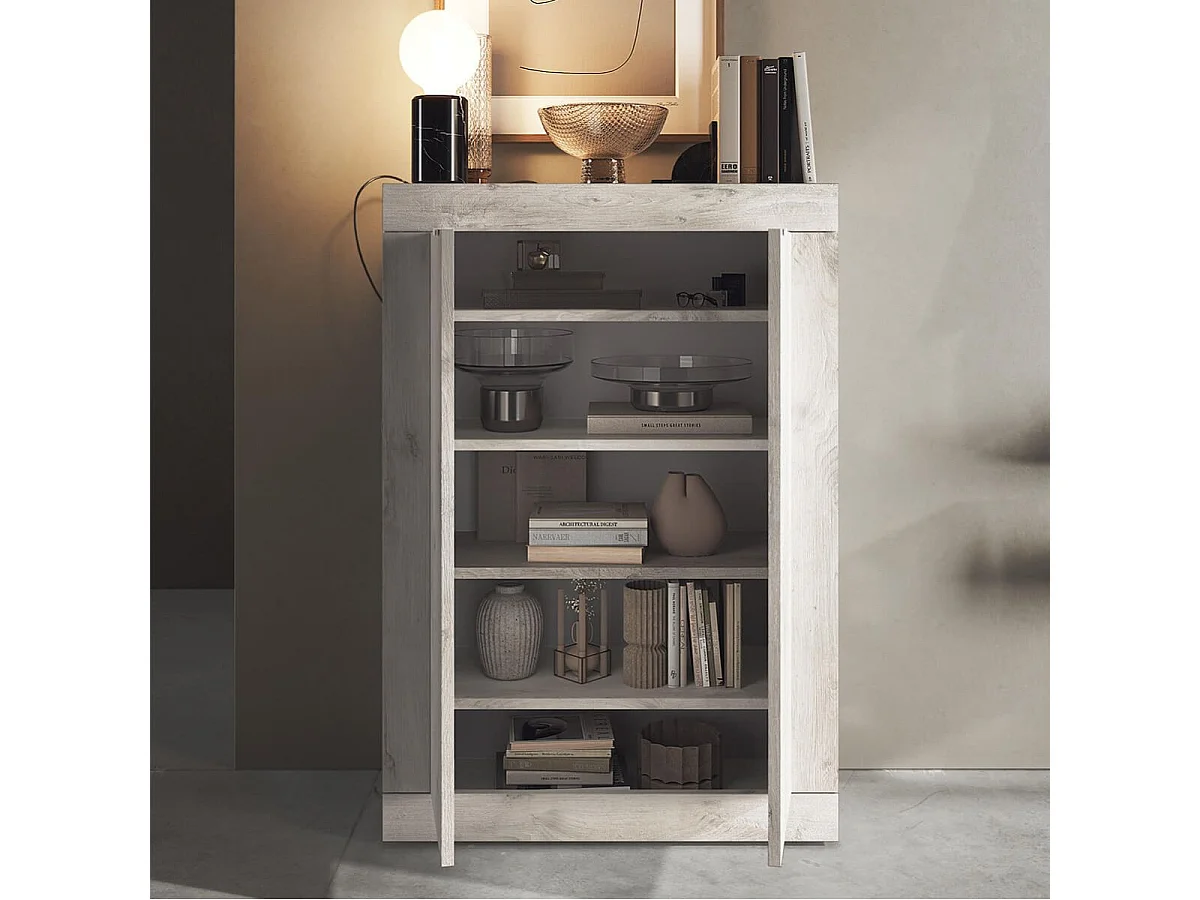 ROVICA - Meuble d'entrée 2 portes 4 étagères aspect bois blanchi