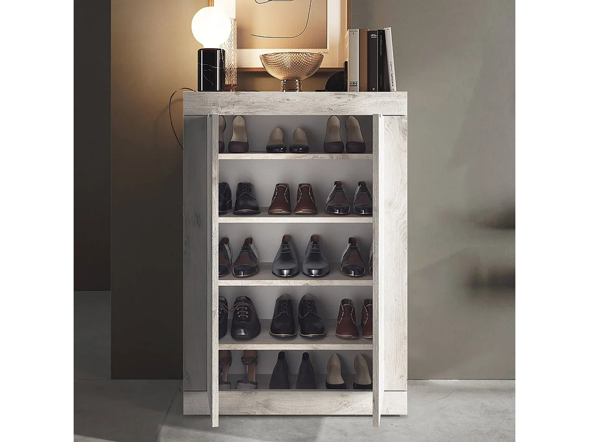 ROVICA - Meuble d'entrée 2 portes 4 étagères aspect bois blanchi