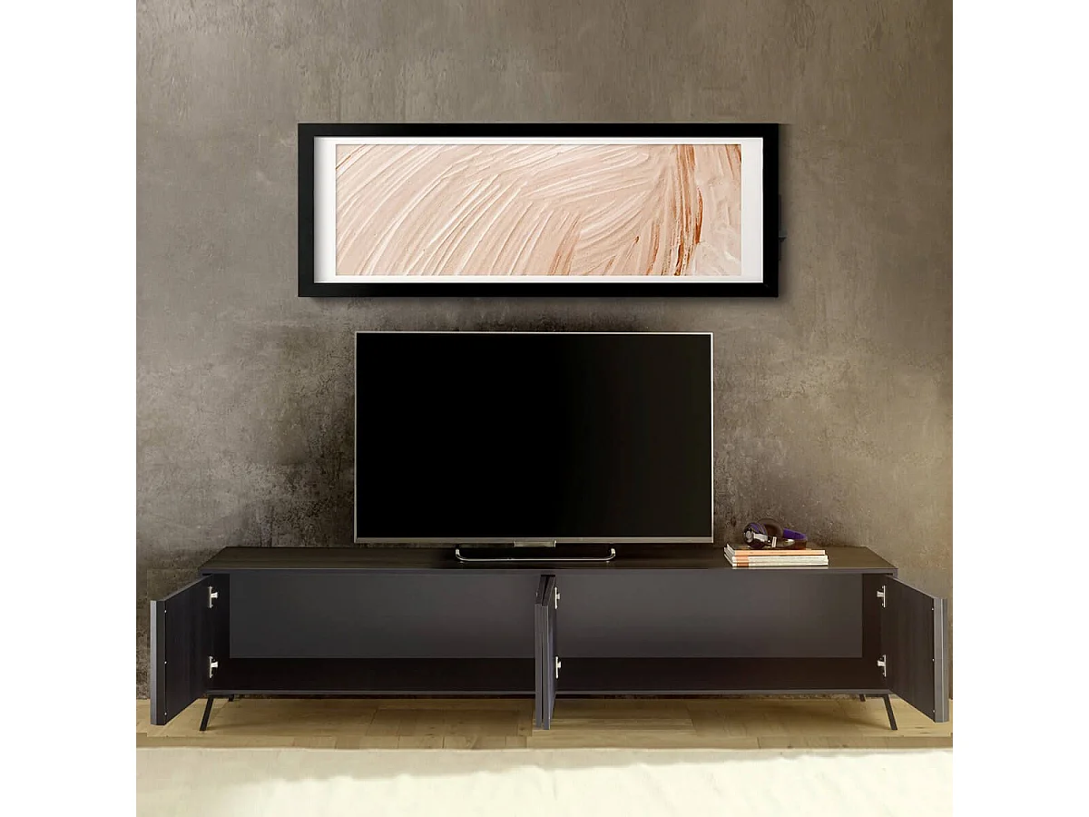 KANSAS BLACK - Meuble TV 4 portes aspect chêne noir pieds métal noir