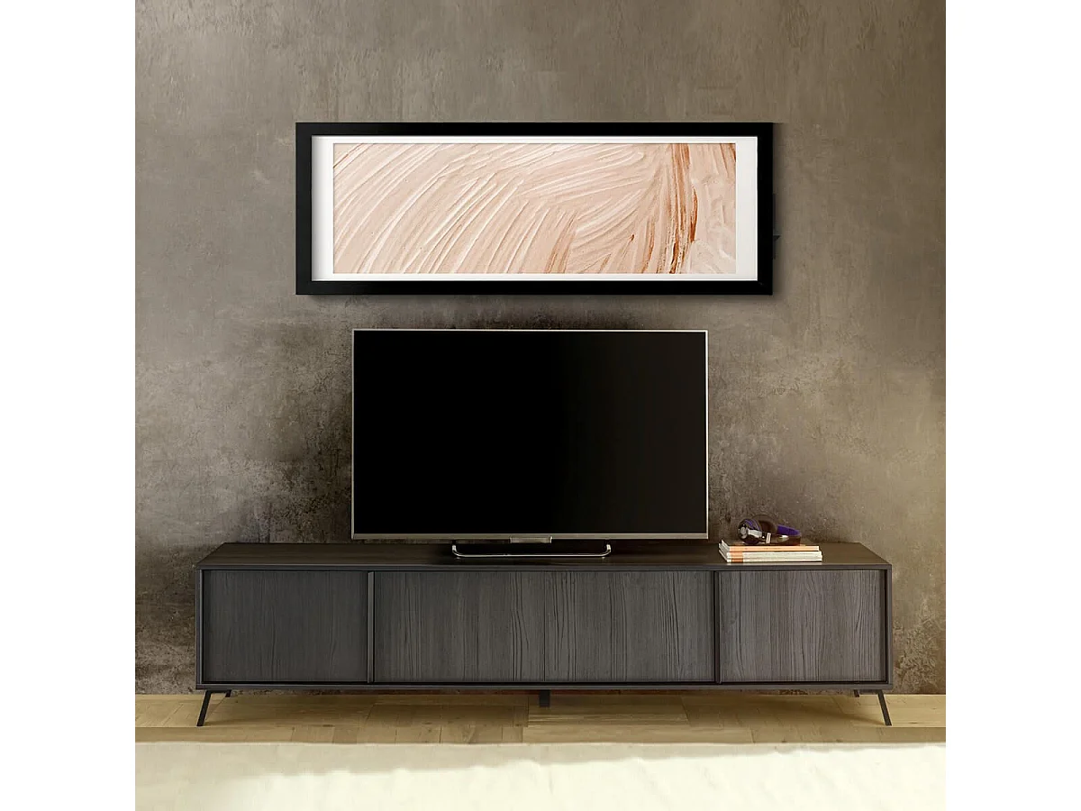 KANSAS BLACK - Meuble TV 4 portes aspect chêne noir pieds métal noir