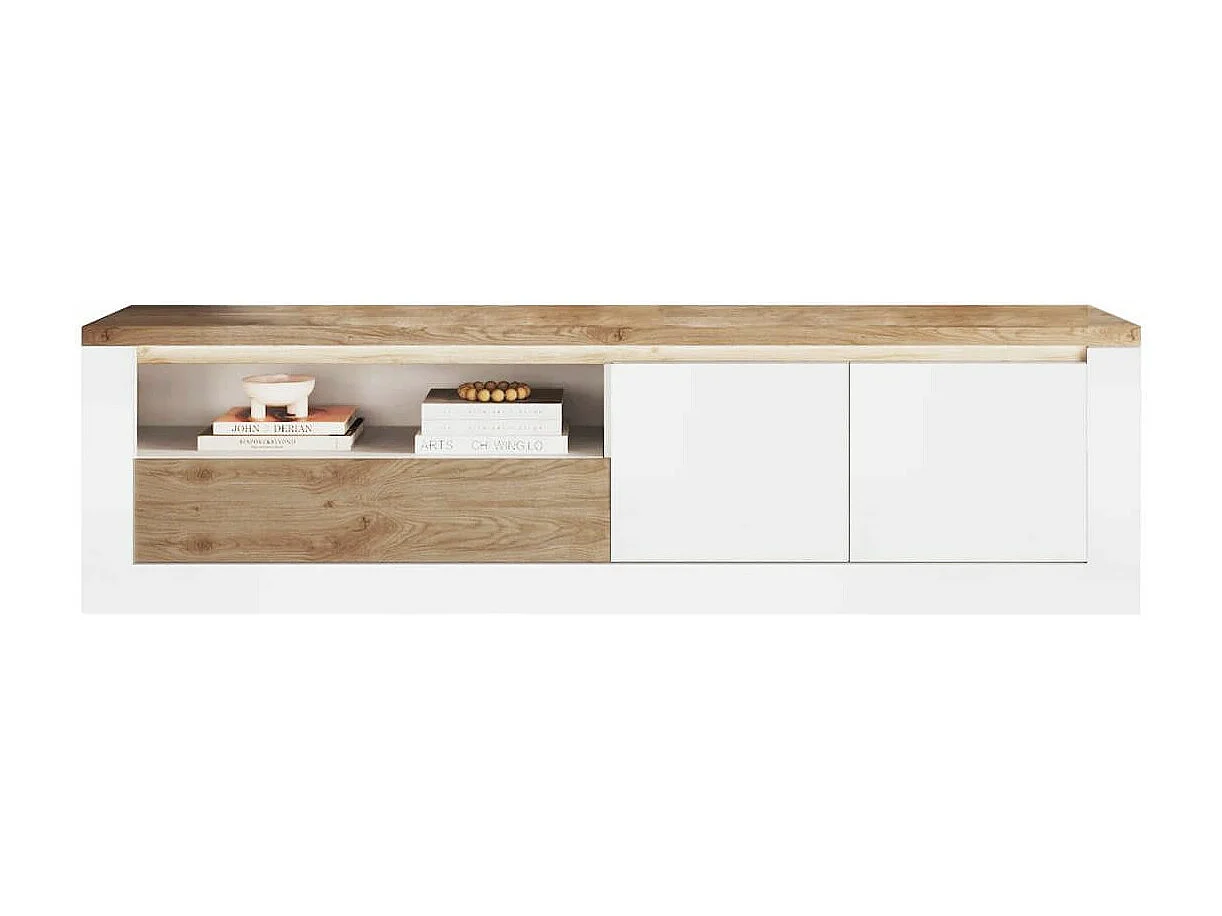 ISALIA - Meuble TV 2 portes  blanc et aspect chêne finition Cadiz avec LED