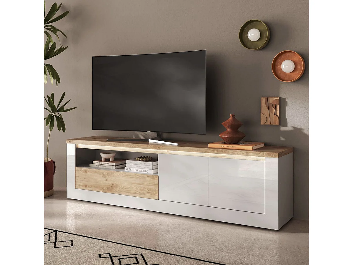 ISALIA - Meuble TV 2 portes  blanc et aspect chêne finition Cadiz avec LED