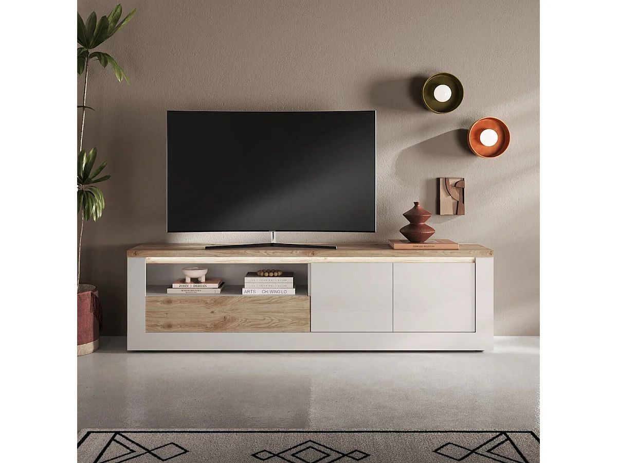 ISALIA - Meuble TV 2 portes  blanc et aspect chêne finition Cadiz avec LED