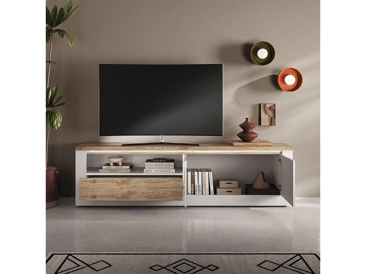 ISALIA - Meuble TV 2 portes  blanc et aspect chêne finition Cadiz avec LED