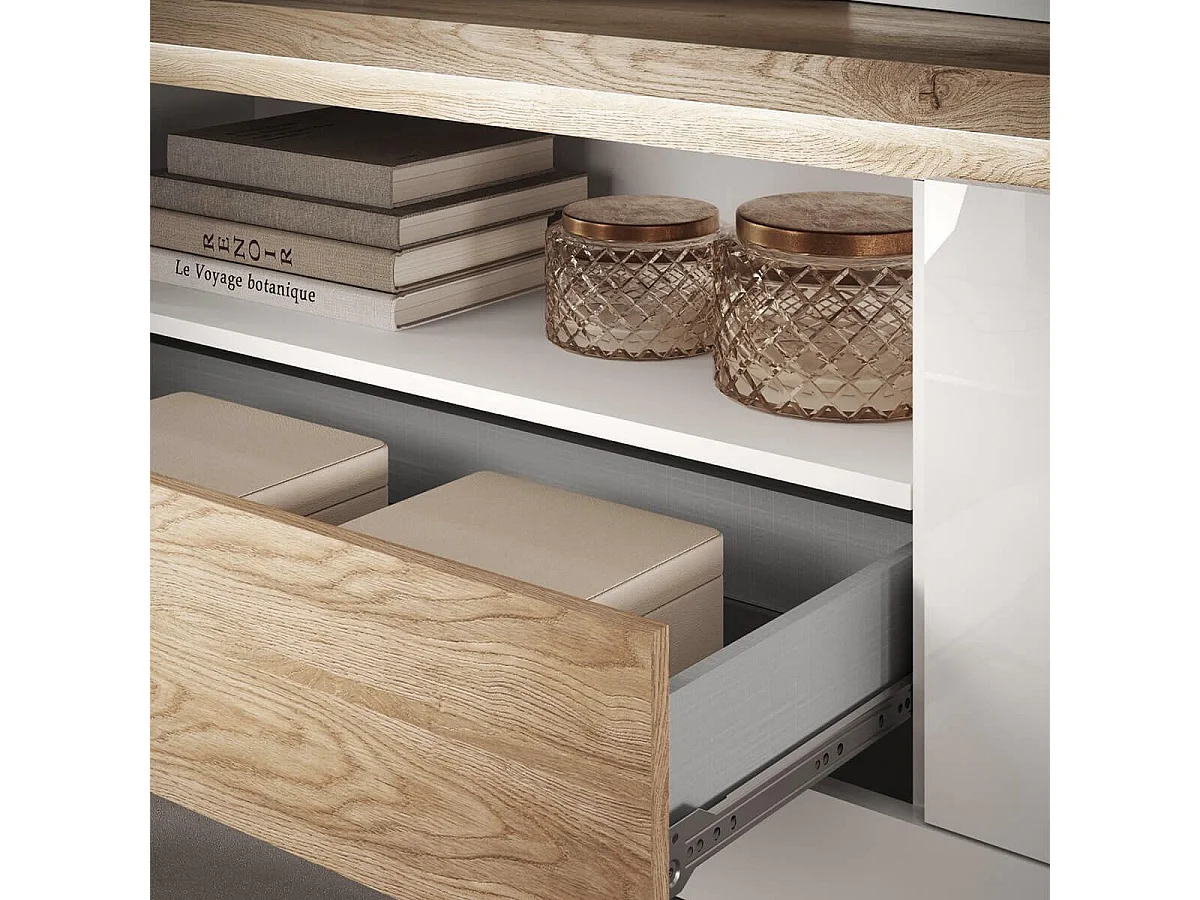 ISALIA - Meuble TV 2 portes  blanc et aspect chêne finition Cadiz avec LED