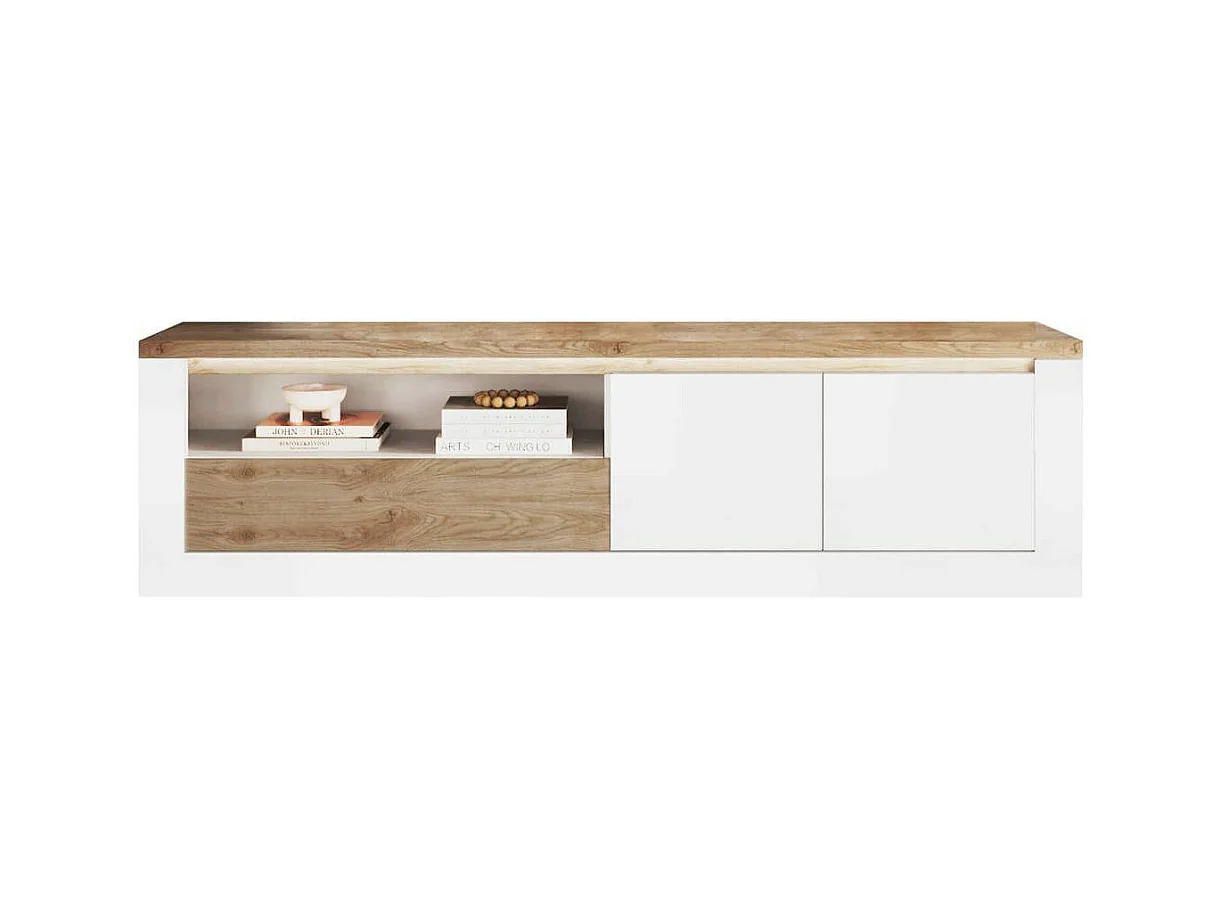 ISALIA - Meuble TV 2 portes  blanc et aspect chêne finition Cadiz avec LED