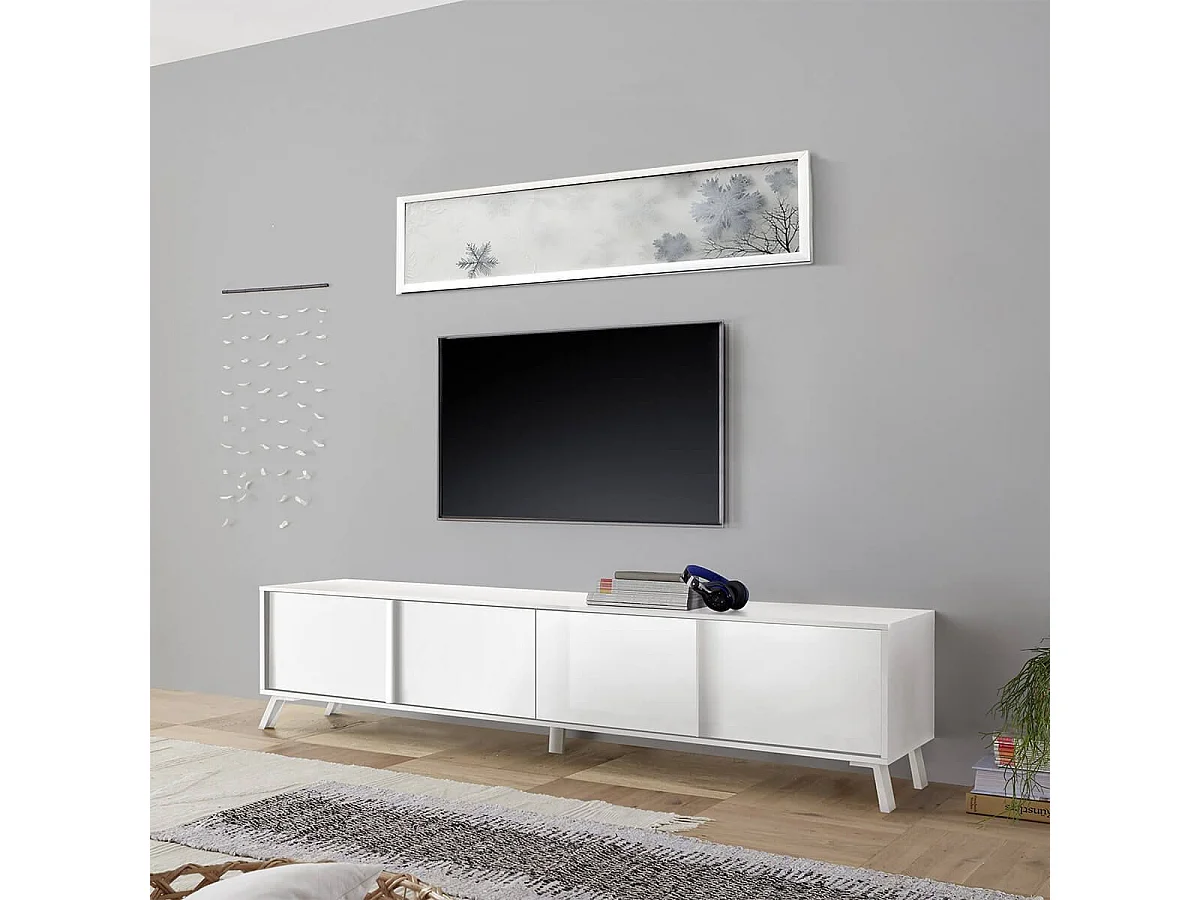 KANSAS WHITE - Meuble TV 4 portes laqué blanc pieds métal