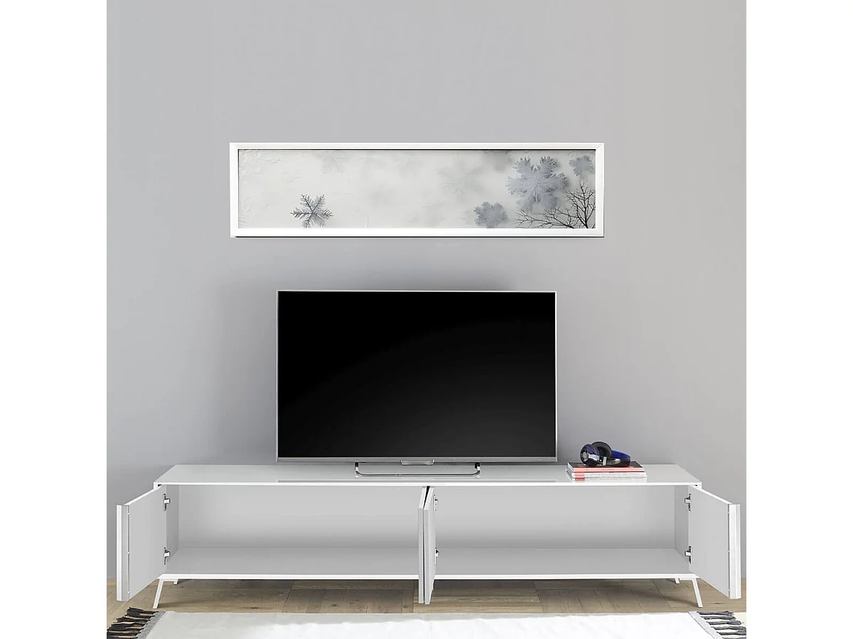 KANSAS WHITE - Meuble TV 4 portes laqué blanc pieds métal