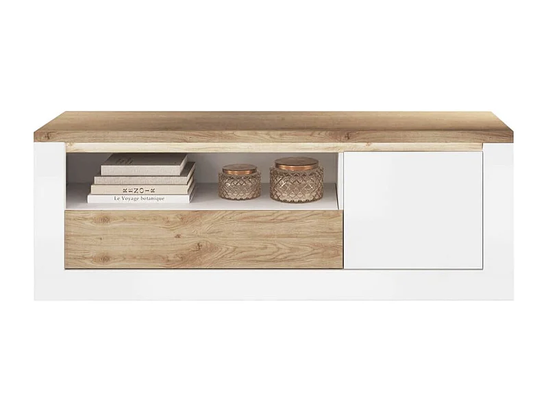 ISALIA - Meuble TV 1 portes  blanc et aspect chêne finition Cadiz avec LED