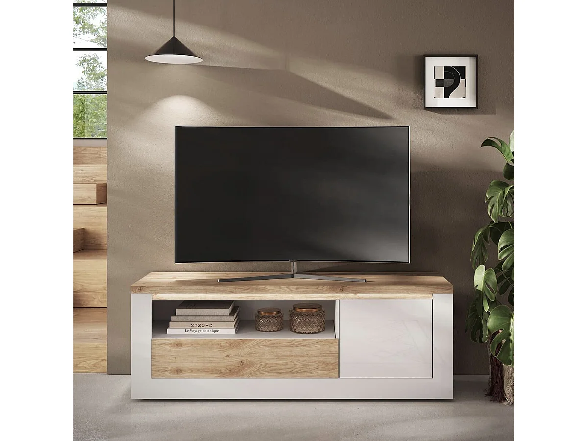 ISALIA - Meuble TV 1 portes  blanc et aspect chêne finition Cadiz avec LED