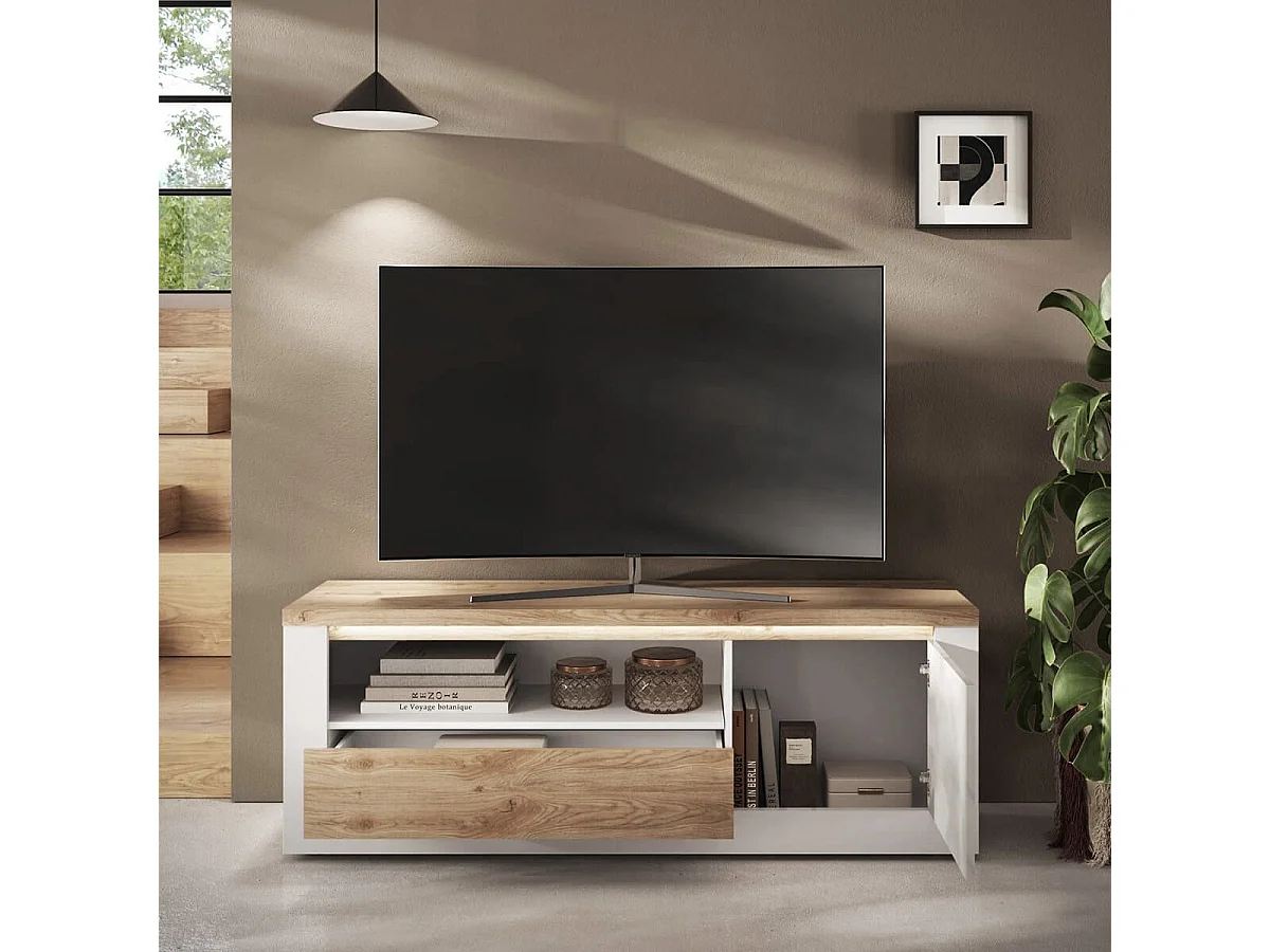 ISALIA - Meuble TV 1 portes  blanc et aspect chêne finition Cadiz avec LED