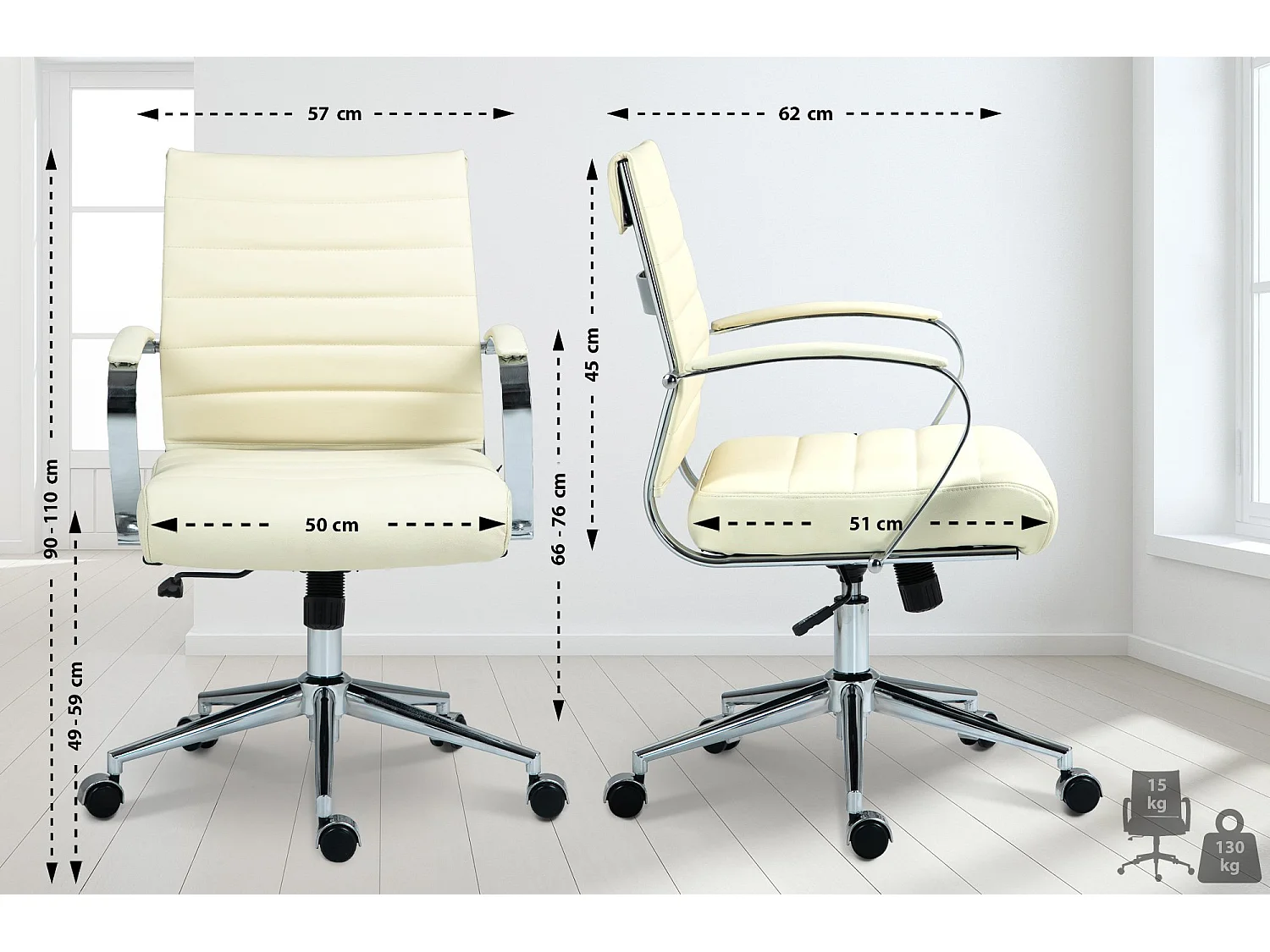 Chaise de bureau - Véritable cuir - Crème - Oakland