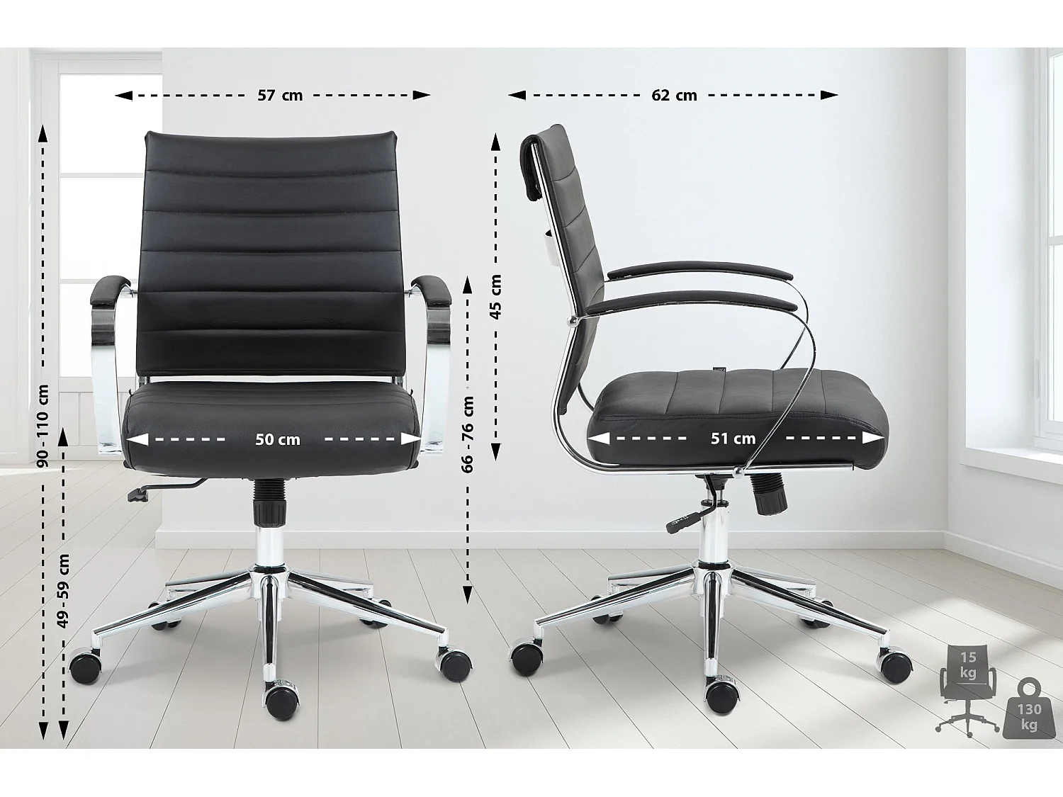 Chaise de bureau - Véritable cuir - Noir - Oakland