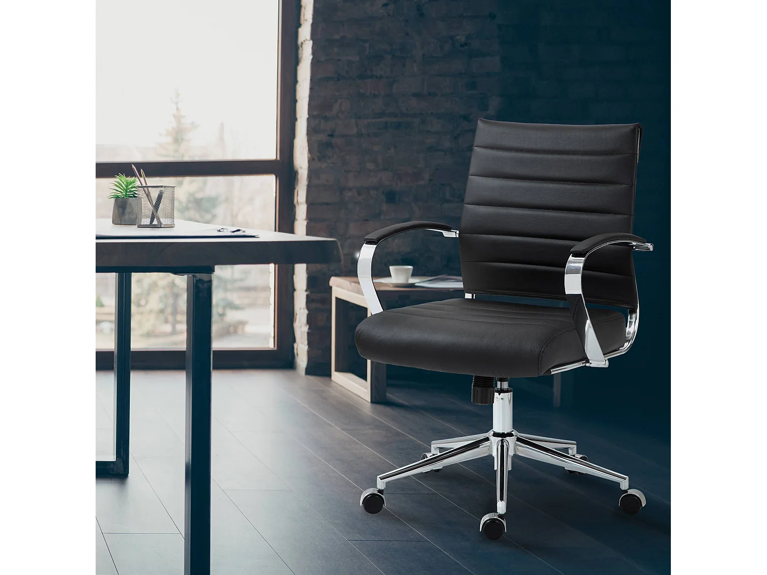 Chaise de bureau - Véritable cuir - Noir - Oakland