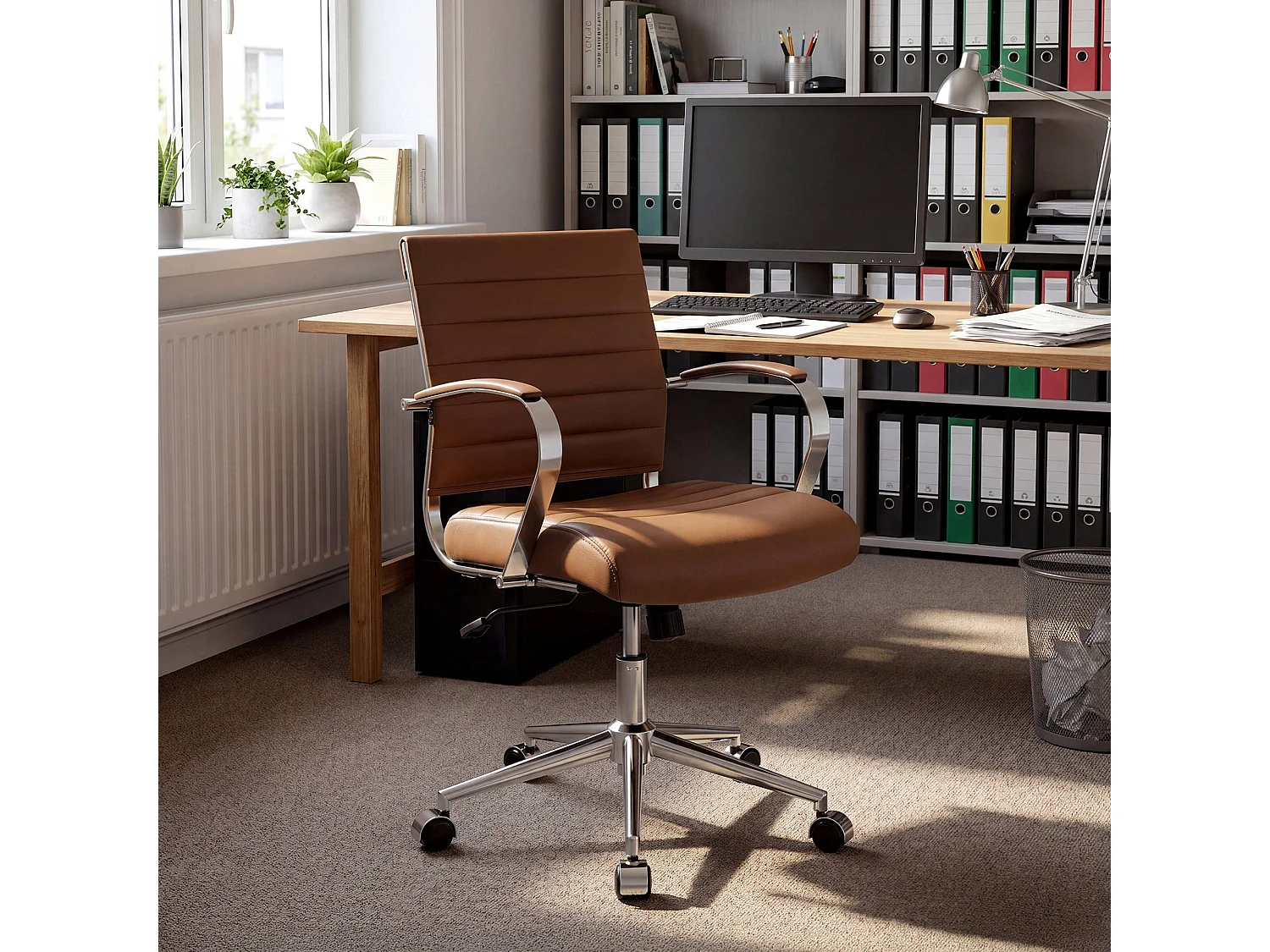 Chaise de bureau - Véritable cuir - Marron clair - Oakland