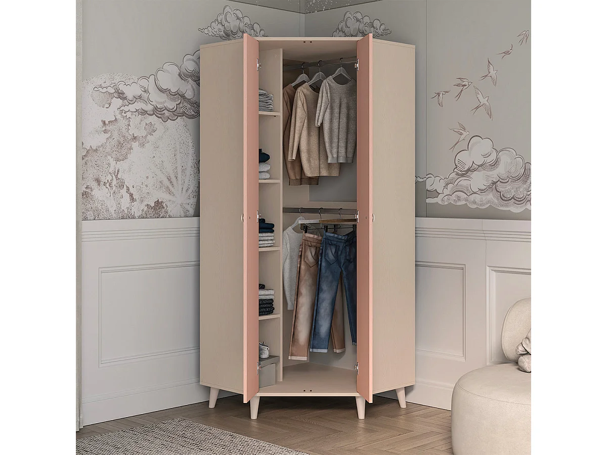Eckkleiderschrank 2 Türen Alycia Beige und Rosa