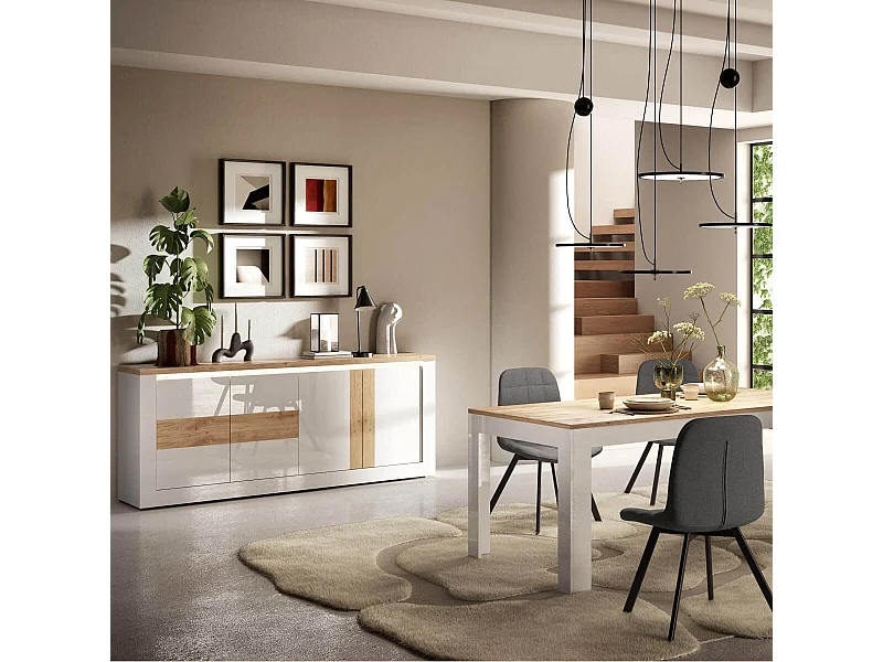 ISALIA - Ensemble séjour blanc et aspect chêne finition Cadiz avec LED