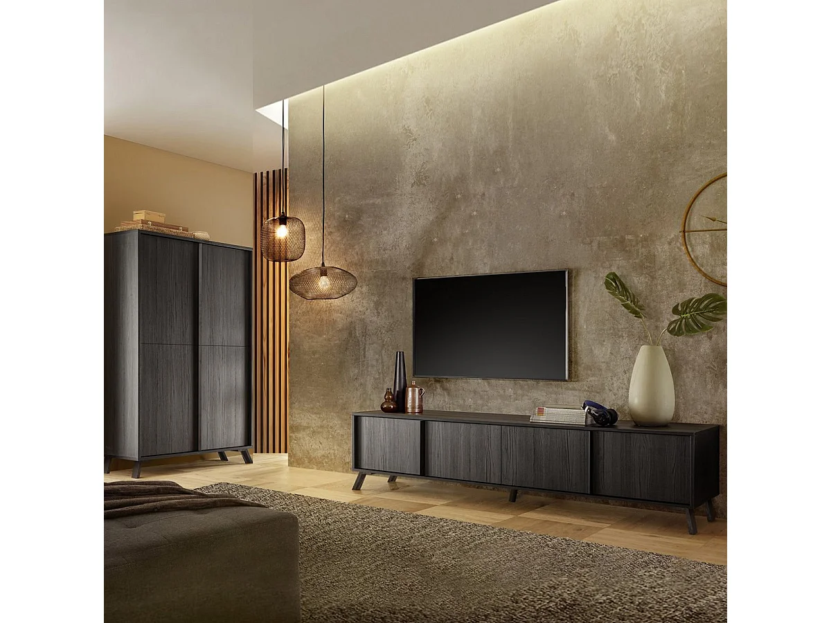 KANSAS BLACK - Ensemble salon aspect chêne noir pieds métal noir