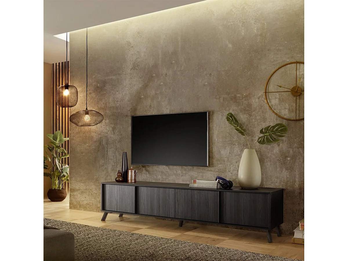 KANSAS BLACK - Ensemble salon aspect chêne noir pieds métal noir